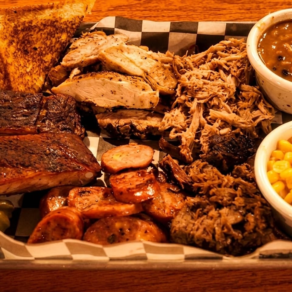 A barbecue platter with ribs, pulled pork, chicken, sausage, toast, baked beans, and corn.
