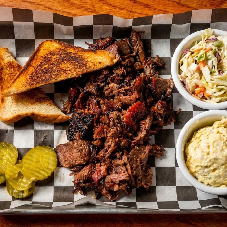 Barbecue brisket platter with toasted bread, pickles, coleslaw, and potato salad on a metal tray.
