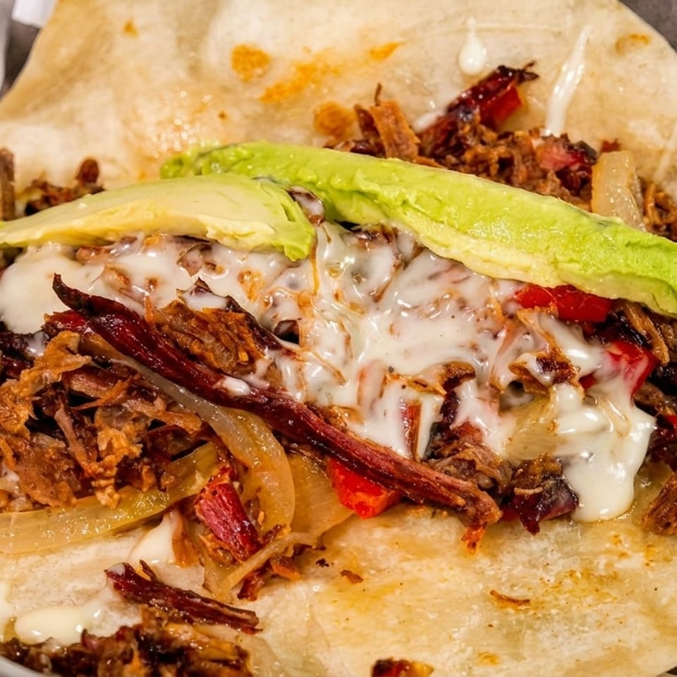 A close-up of a taco filled with shredded meat, melted cheese, avocado slices, and salsa.