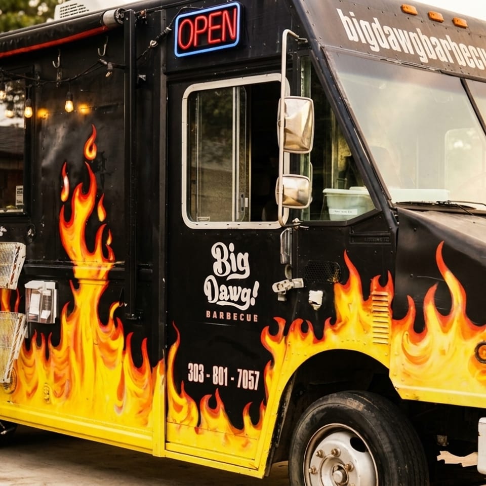 Black Big Dawg! Barbecue food truck with yellow and orange flame decals and an "OPEN" sign.