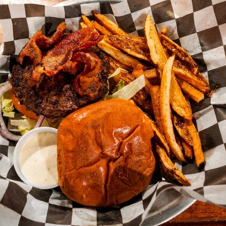 A bacon cheeseburger with a side of fries and dipping sauce on checkered paper in a metal basket.