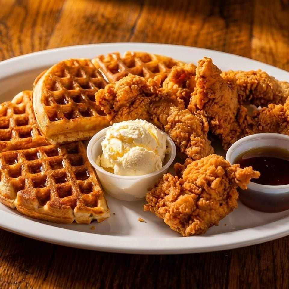 Crispy fried chicken and waffles with butter and syrup on a white plate.
