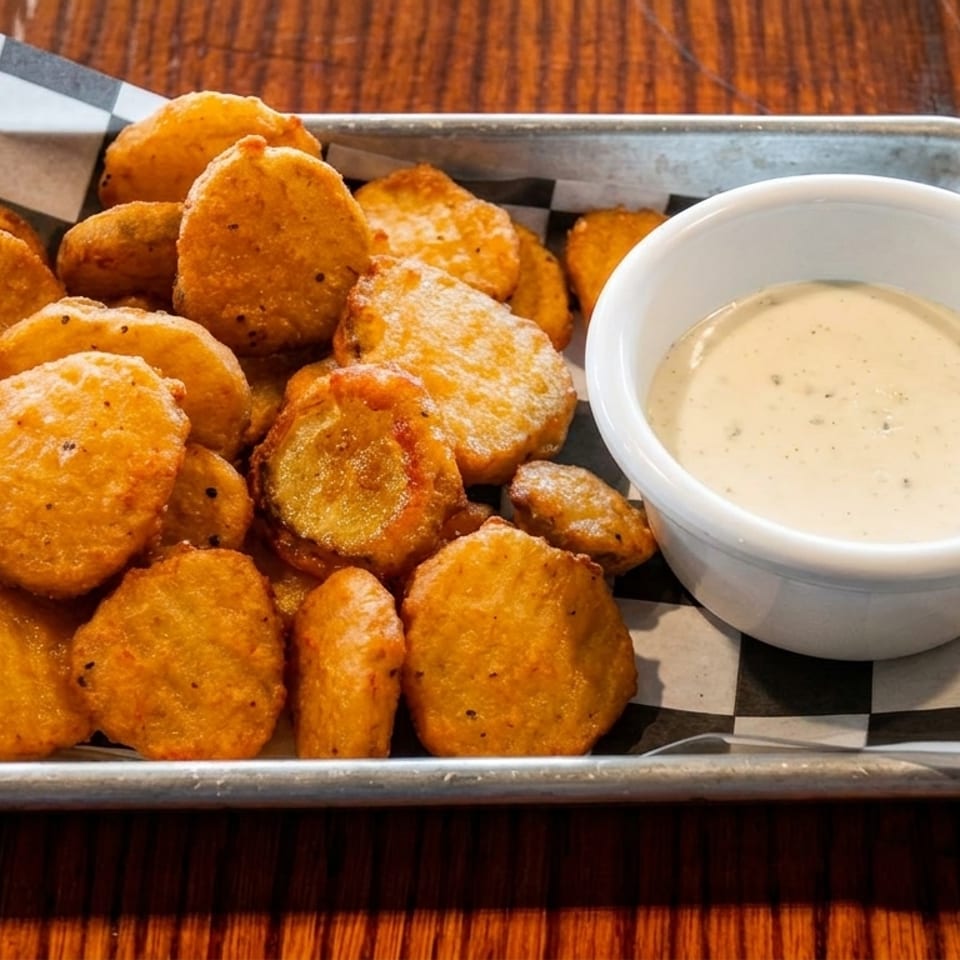 Golden fried pickle chips in a metal tray with checkered paper, served with a side of ranch.